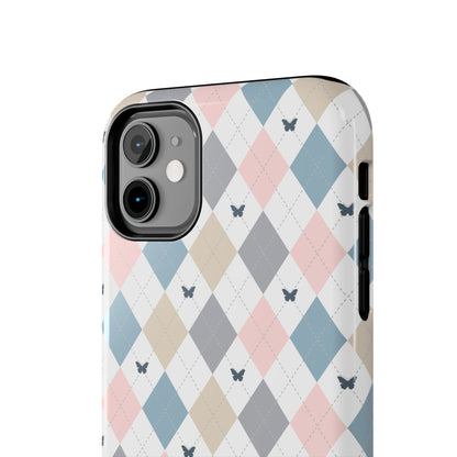 Argyle Pastel Plaid and Butterflies print design Tough Phone Case compatible with a large variety of iphone models