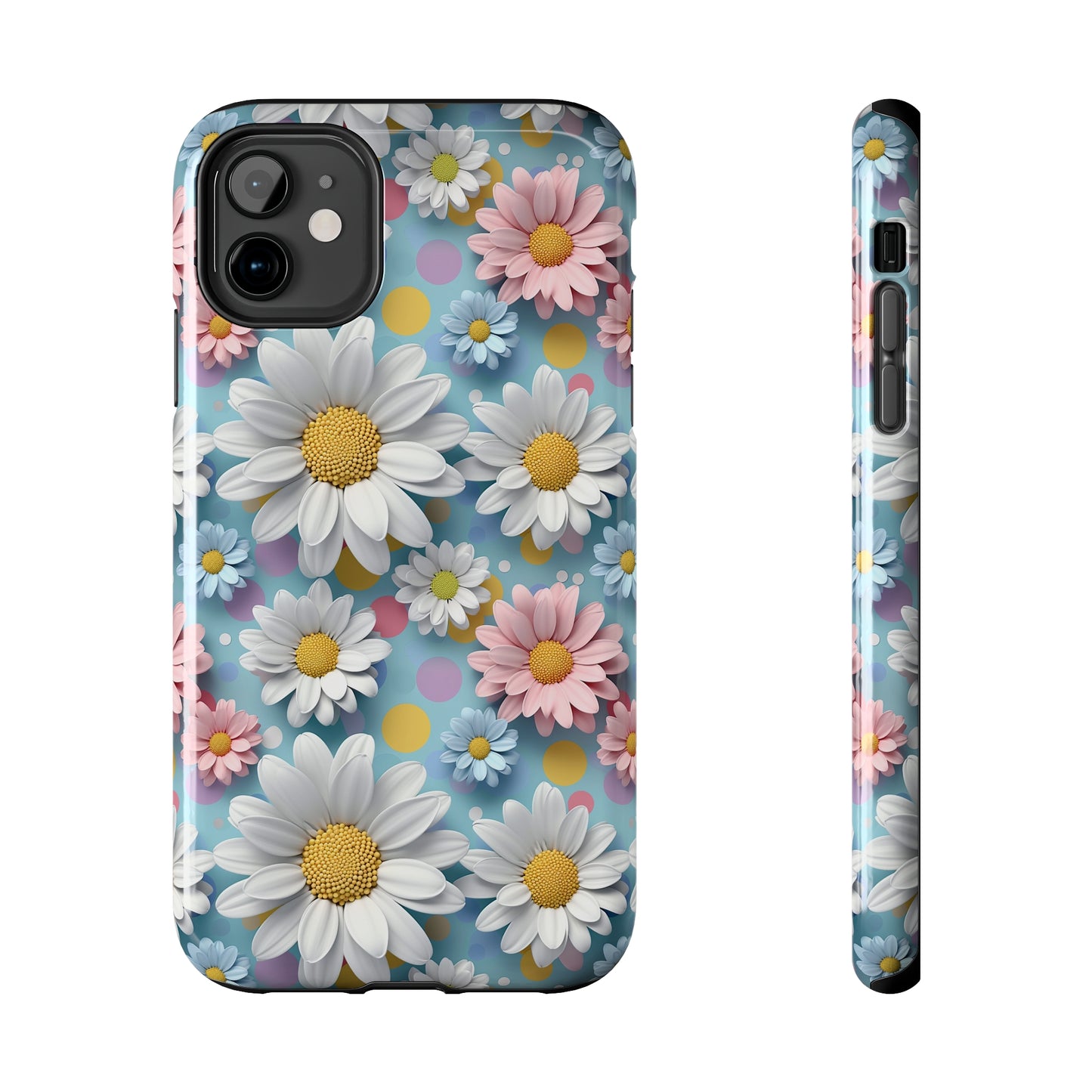 3D Spring Flowes and Polka Dots Digital print Design Tough Phone Case compatible with a large variety of iPhone models, Gift, Phone Case