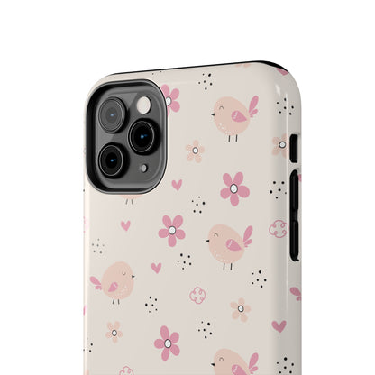 Cute Pink Birds and Flowers print design Tough Phone Case compatible with a large variety of iphone models