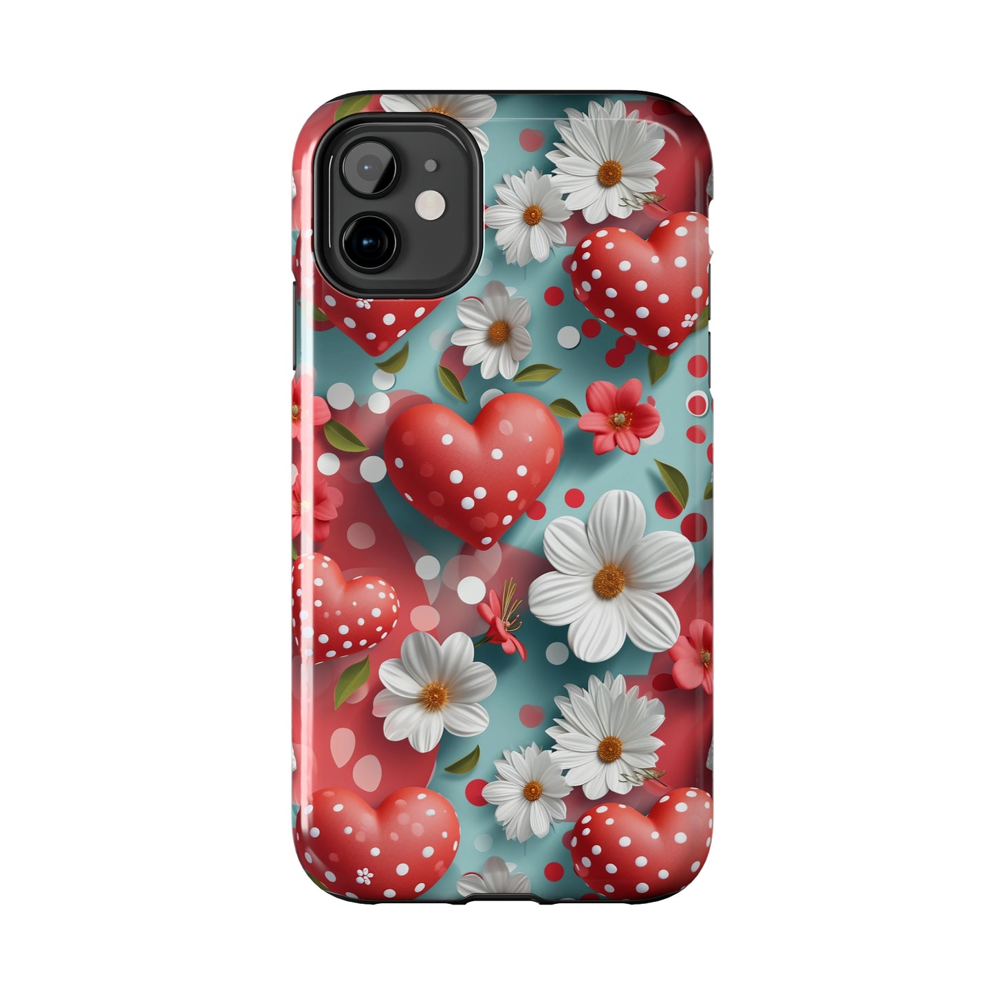 White Flowers Red Polka Dot Hearts Digital print Design Tough Phone Case compatible with a large variety of iPhone models, Gift, Phone Case