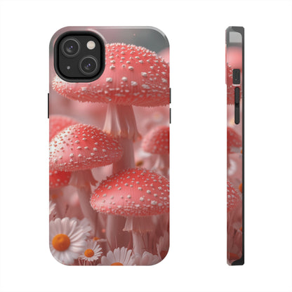 Whimsical Pink Mushrooms and Daisies Design Tough Phone Case compatible with a large variety of iPhone models, Gift, Phone Case