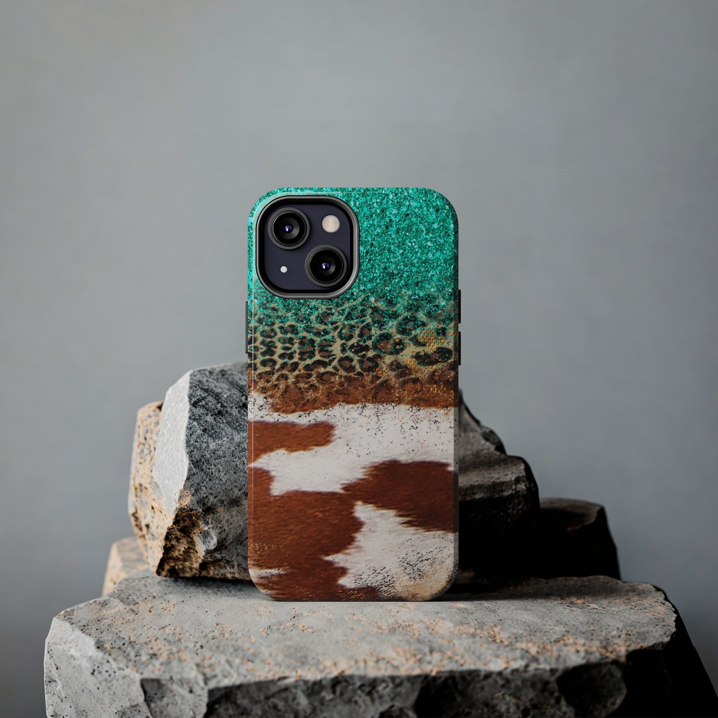 Western Cow Print, Teal, and Leopard print Design Phone Case- Lightweight, Impact Resistant Cover for iPhone 6, 6s, 12, 13, 14, 15