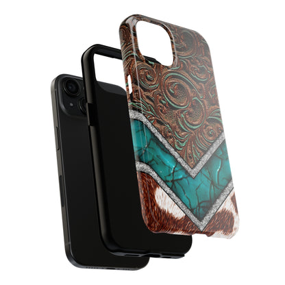 Western Cow Print, Faux Turquoise and Leather Digital print design Phone Case- Lightweight, Impact Resistant Cover for iPhone 6, 6s, 12, 13, 14, 15