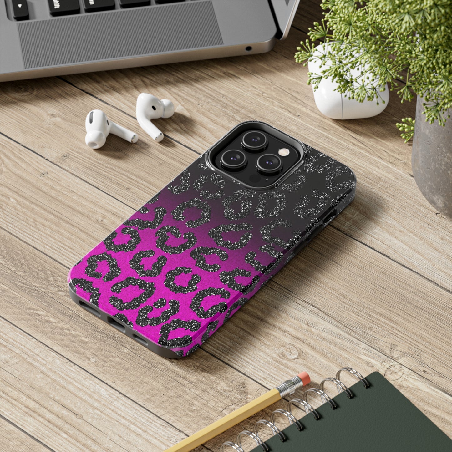 Pink and Black Ombre Leopard Design Phone Case- Lightweight, Impact Resistant Cover for iPhone 6, 6s, 12, 13, 14, 15