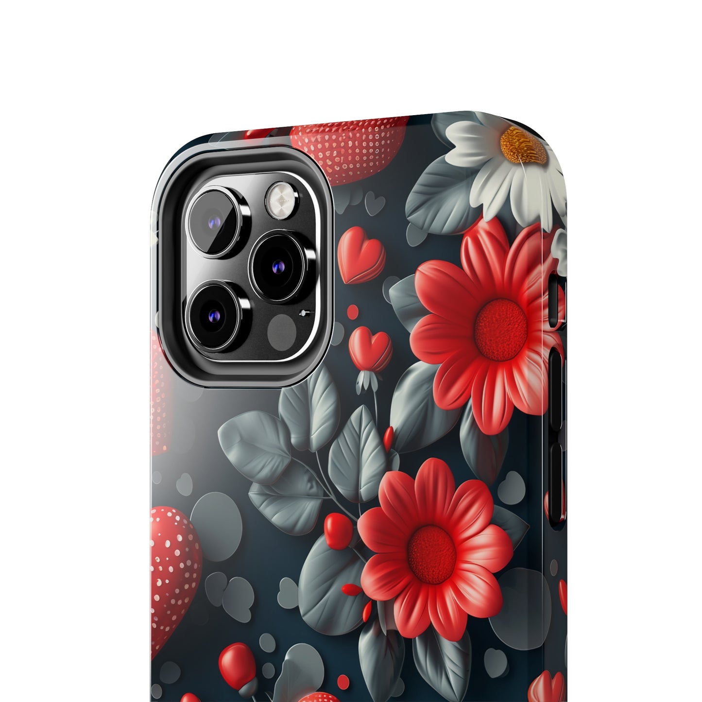 3D Flowers and Red Hearts Digital print Design Tough Phone Case compatible with a large variety of iPhone models, Gift, Phone Case