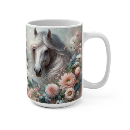 Floral Horse Mug, Enchanted Animal Coffee Cup, Fantasy Equine Art, Gift for Horse Lovers, Dainty Flowers Design, Unique Drinkware, Unique Gift Idea, Mug 15oz