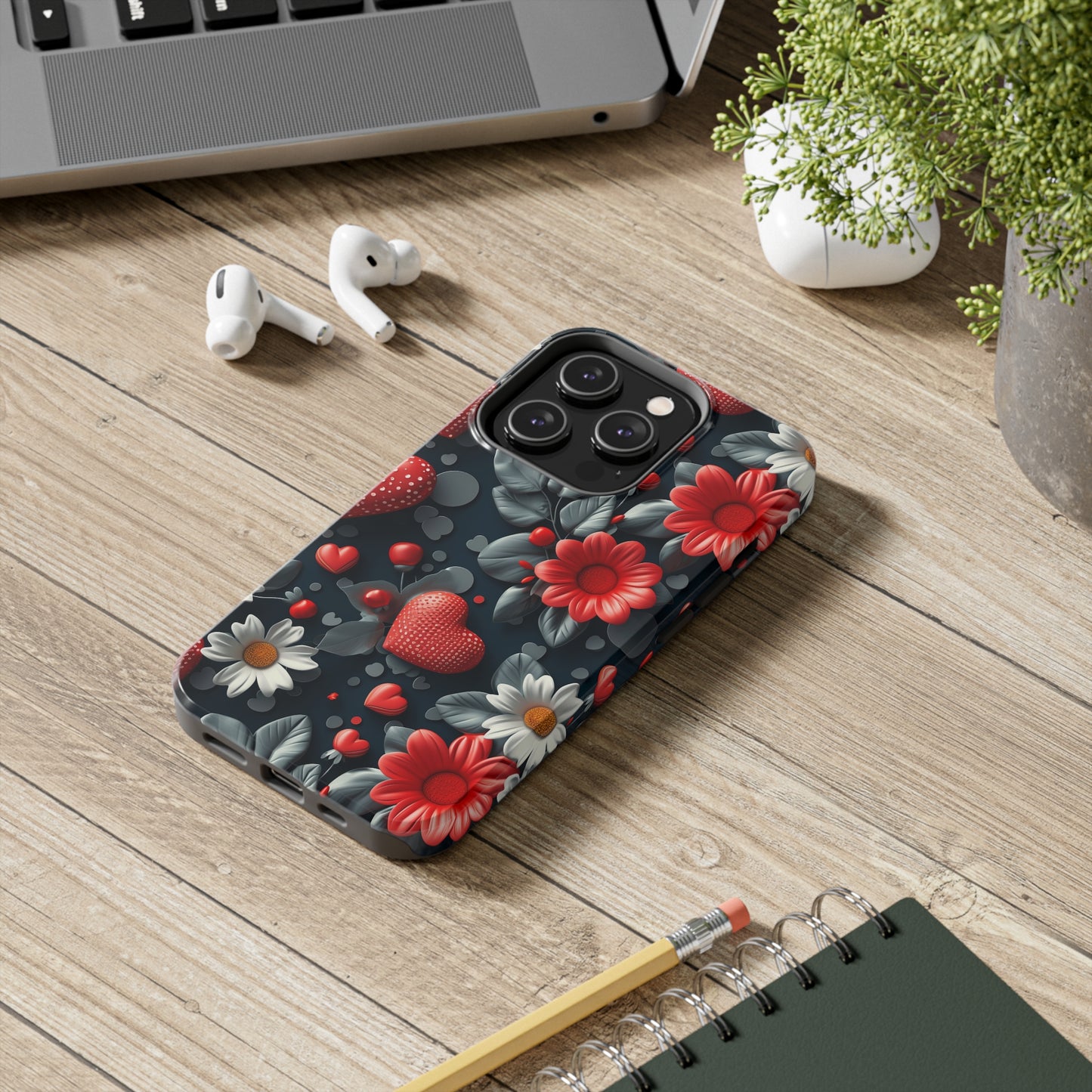 3D Flowers and Red Hearts Digital print Design Tough Phone Case compatible with a large variety of iPhone models, Gift, Phone Case