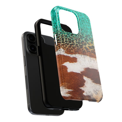 Western Cow Print, Teal, and Leopard print Design Phone Case- Lightweight, Impact Resistant Cover for iPhone 6, 6s, 12, 13, 14, 15