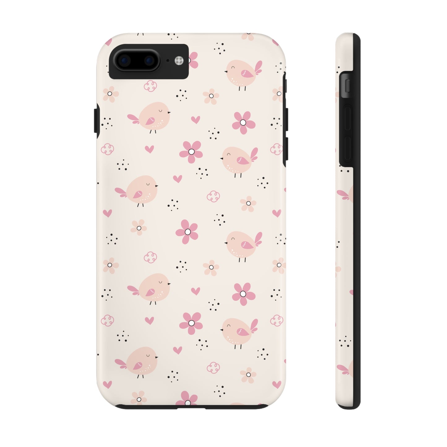 Cute Pink Birds and Flowers print design Tough Phone Case compatible with a large variety of iphone models