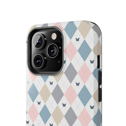 Argyle Pastel Plaid and Butterflies print design Tough Phone Case compatible with a large variety of iphone models