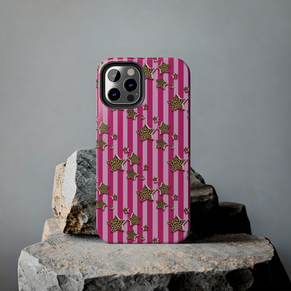 Girly Cheetah Stars and Pink Stripes Design Phone Case- Lightweight, Impact Resistant Cover for iPhone 6, 6s, 12, 13, 14, 15