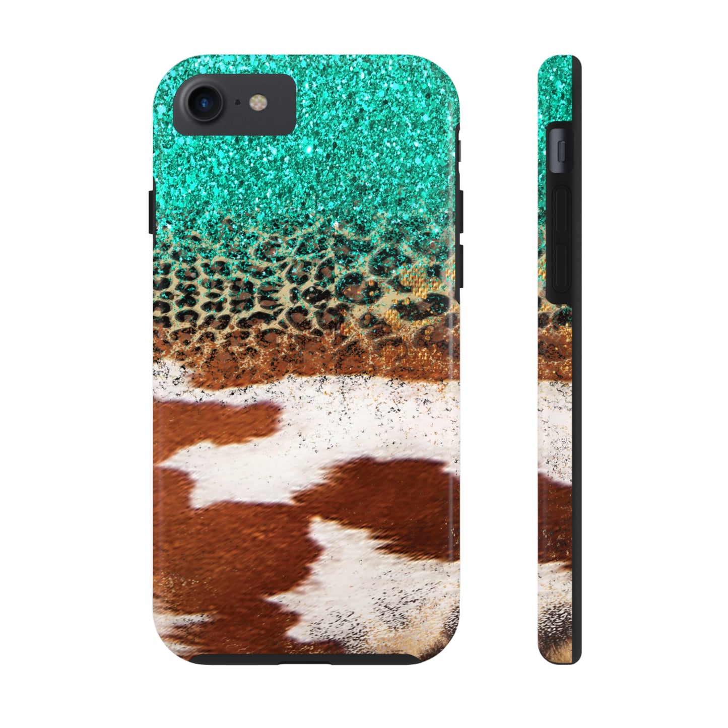 Western Cow Print, Teal, and Leopard print Design Phone Case- Lightweight, Impact Resistant Cover for iPhone 6, 6s, 12, 13, 14, 15