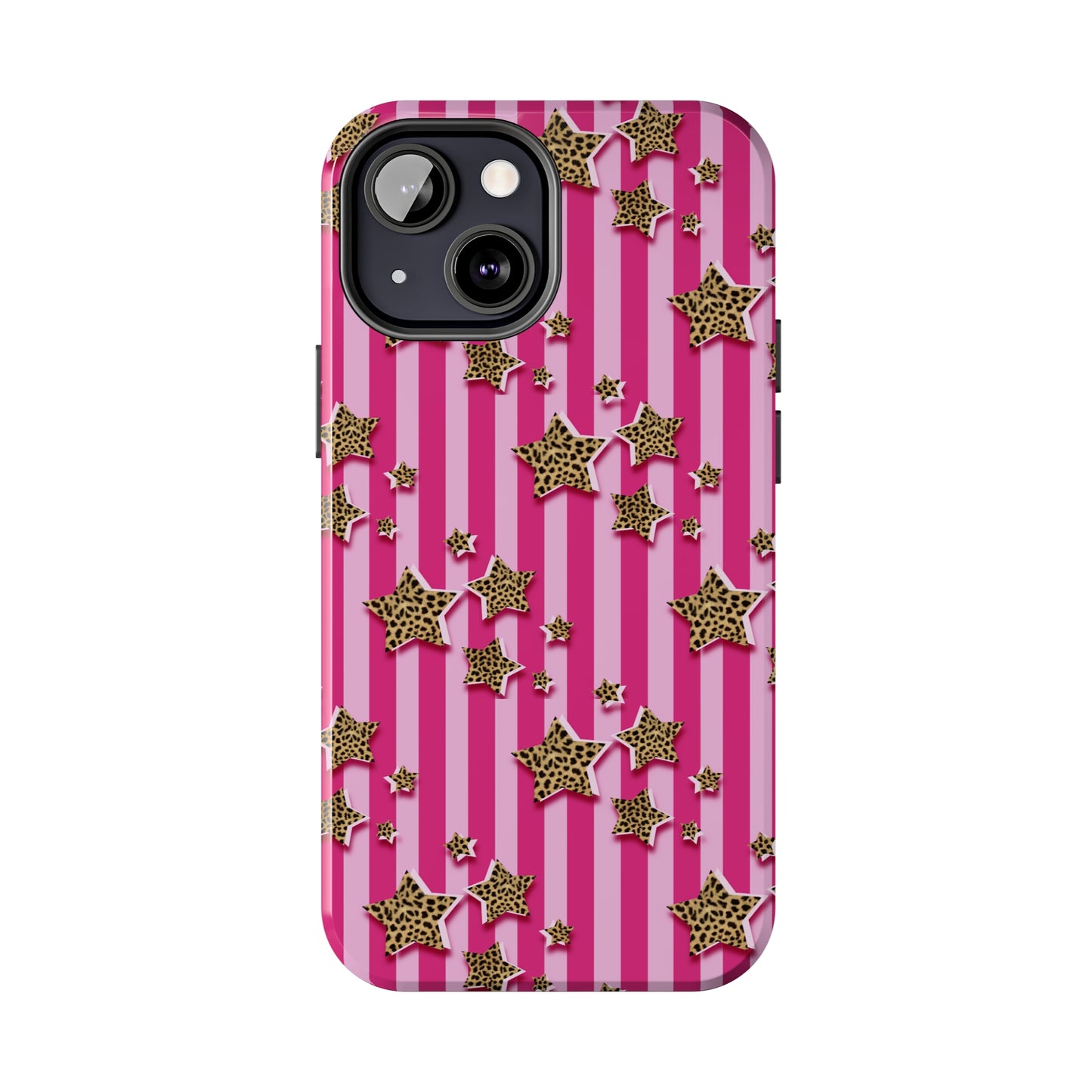 Girly Cheetah Stars and Pink Stripes Design Phone Case- Lightweight, Impact Resistant Cover for iPhone 6, 6s, 12, 13, 14, 15