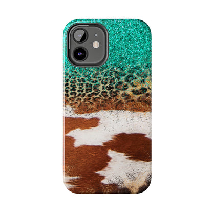 Western Cow Print, Teal, and Leopard print Design Phone Case- Lightweight, Impact Resistant Cover for iPhone 6, 6s, 12, 13, 14, 15