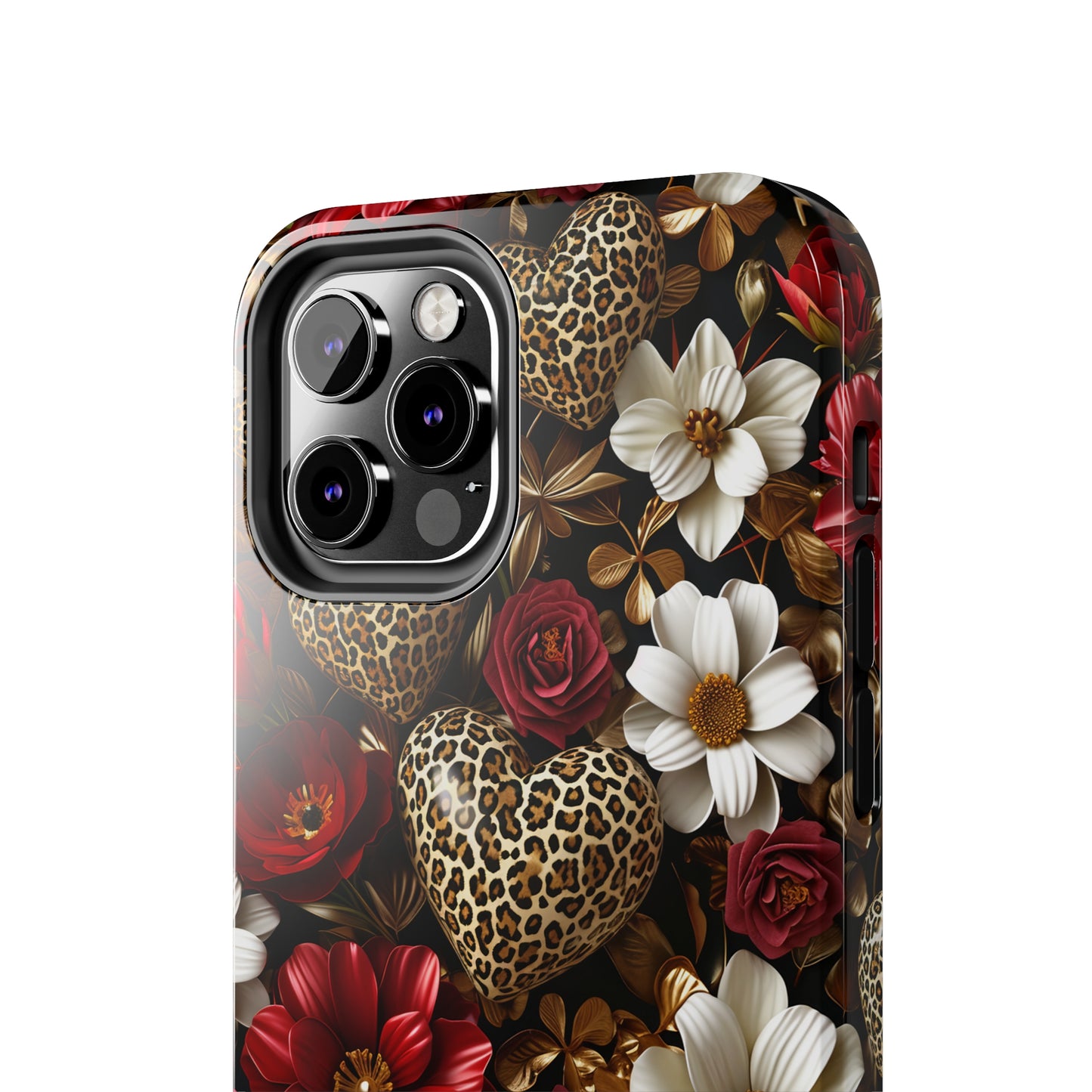 Red Gold Flowers Leopard Hearts Digital print Design Tough Phone Case compatible with a large variety of iPhone models, Gift, Phone Case