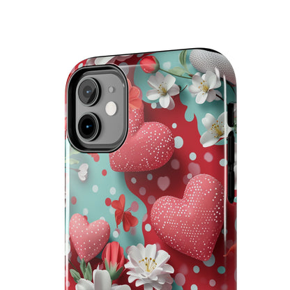 Polka Dot Hearts and Flowers Digital print Design Tough Phone Case compatible with a large variety of iPhone models, Gift, Phone Case