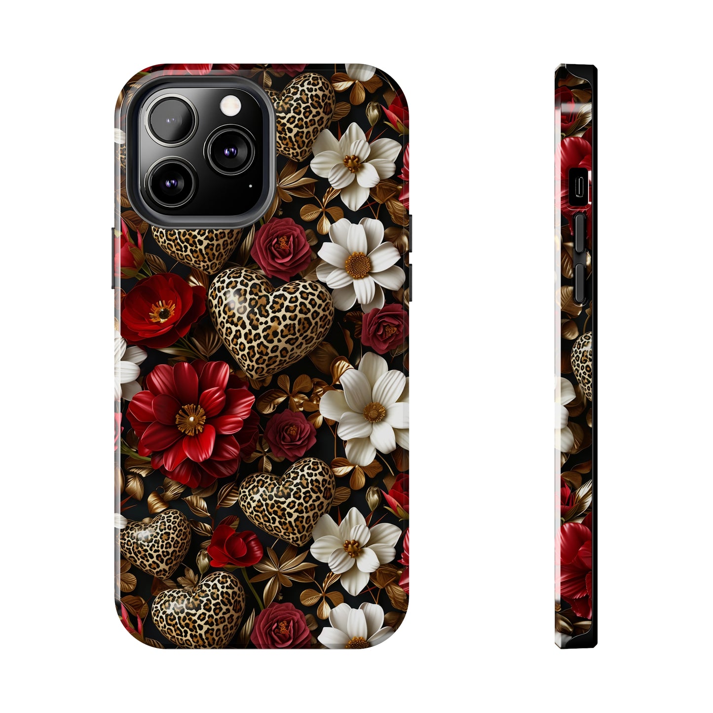 Red Gold Flowers Leopard Hearts Digital print Design Tough Phone Case compatible with a large variety of iPhone models, Gift, Phone Case