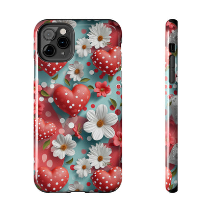 White Flowers Red Polka Dot Hearts Digital print Design Tough Phone Case compatible with a large variety of iPhone models, Gift, Phone Case