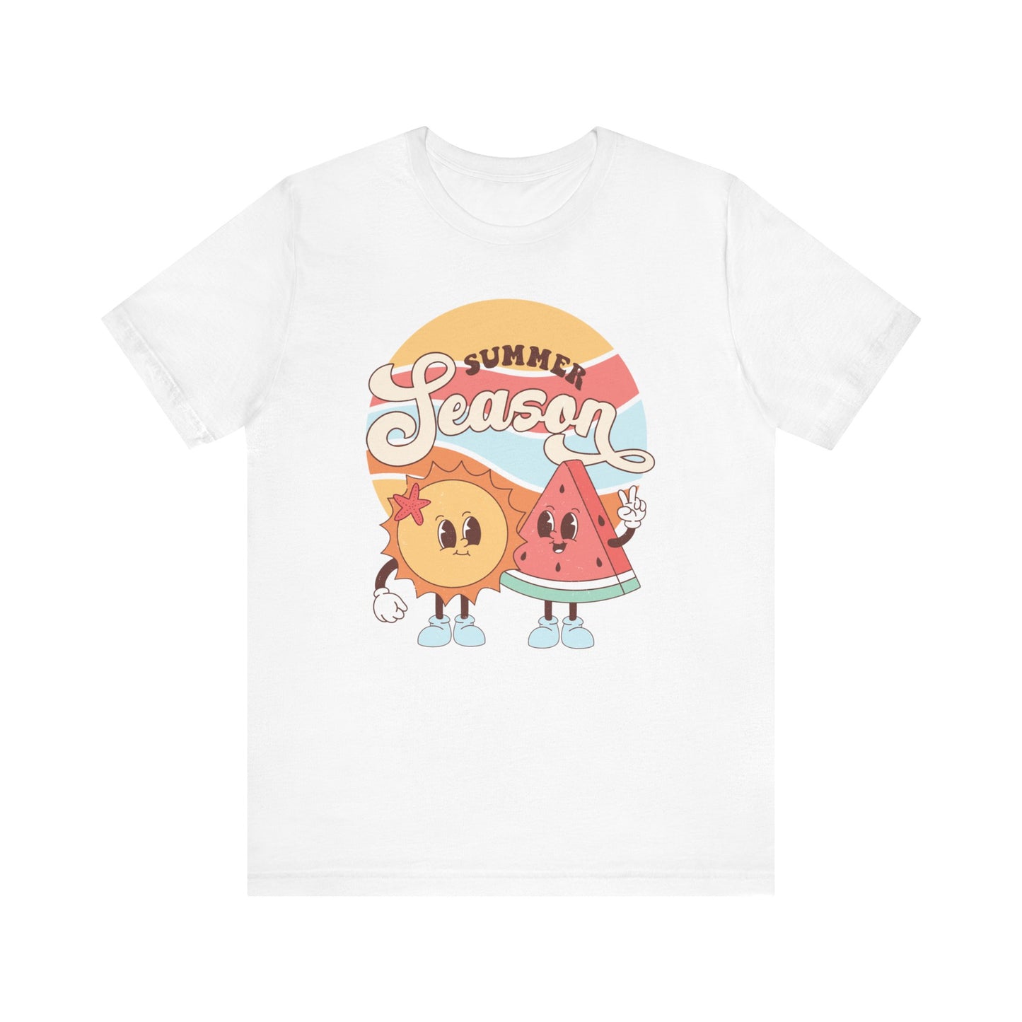 Summer Season Fun T-Shirt, Retro Sun and Watermelon Tee, Cute Cartoon Beachwear, Unisex Graphic Shirt