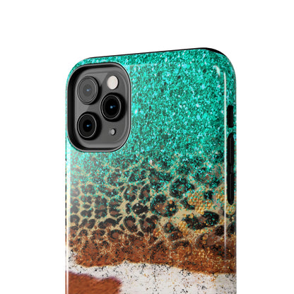 Western Cow Print, Teal, and Leopard print Design Phone Case- Lightweight, Impact Resistant Cover for iPhone 6, 6s, 12, 13, 14, 15