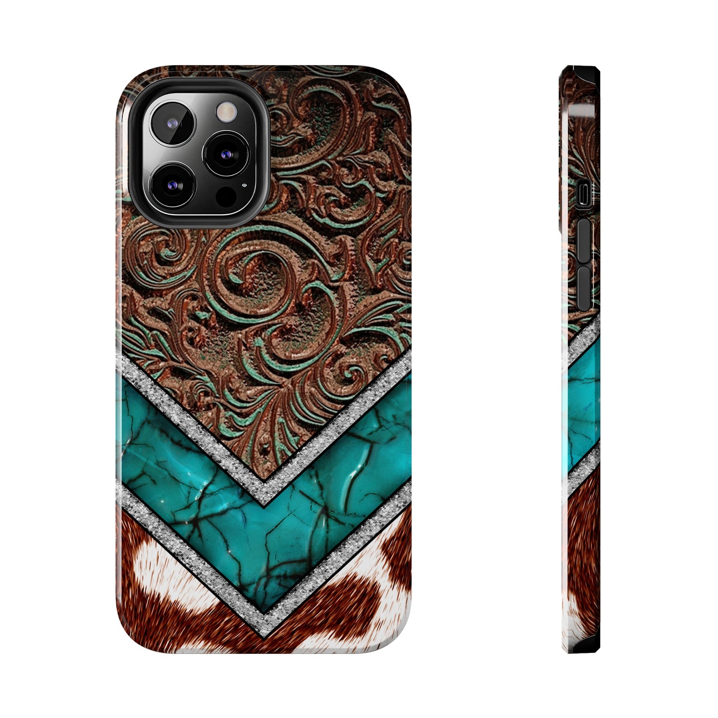 Western Cow Print, Faux Turquoise and Leather Digital print design Phone Case- Lightweight, Impact Resistant Cover for iPhone 6, 6s, 12, 13, 14, 15