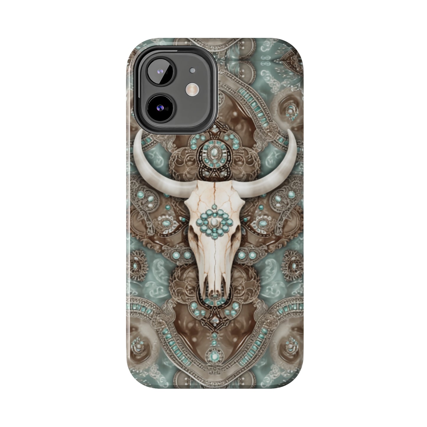 Western Cow Skull and Turquoise print design Phone Case- Lightweight, Impact Resistant Cover for iPhone 6, 6s, 12, 13, 14, 15