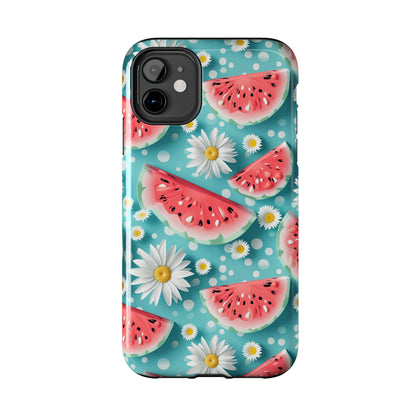 Watermelon Slices and Daisies Digital print Design Tough Phone Case compatible with a large variety of iPhone models, Gift, Phone Case