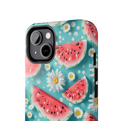 Watermelon Slices and Daisies Digital print Design Tough Phone Case compatible with a large variety of iPhone models, Gift, Phone Case