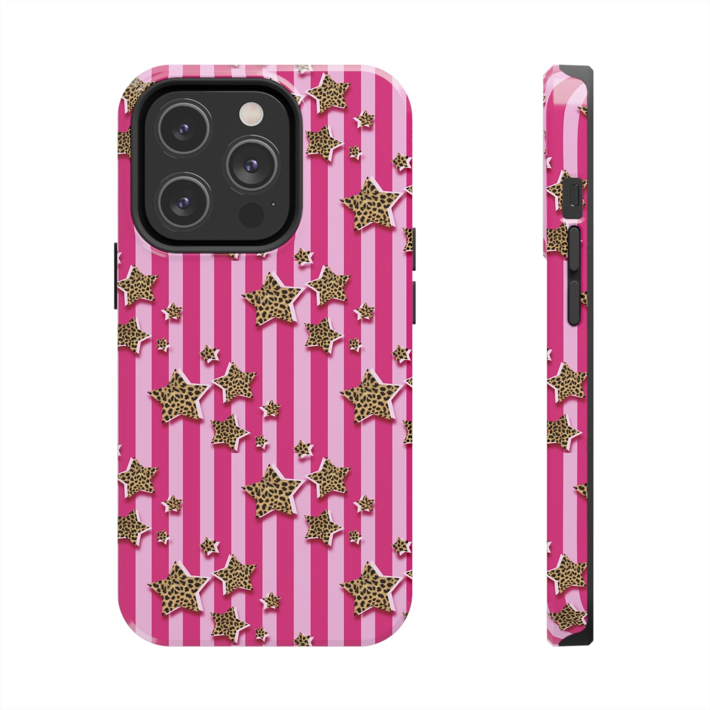 Girly Cheetah Stars and Pink Stripes Design Phone Case- Lightweight, Impact Resistant Cover for iPhone 6, 6s, 12, 13, 14, 15