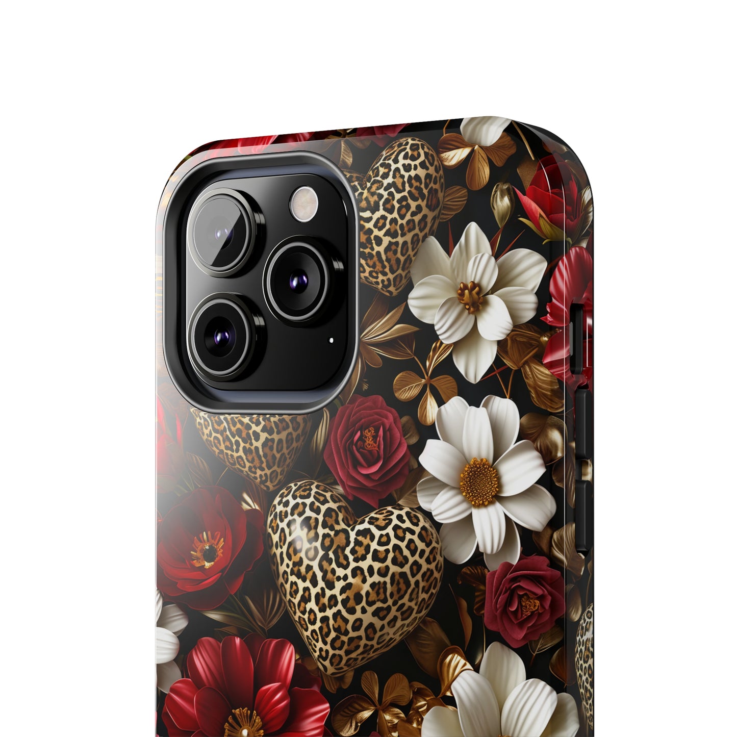 Red Gold Flowers Leopard Hearts Digital print Design Tough Phone Case compatible with a large variety of iPhone models, Gift, Phone Case