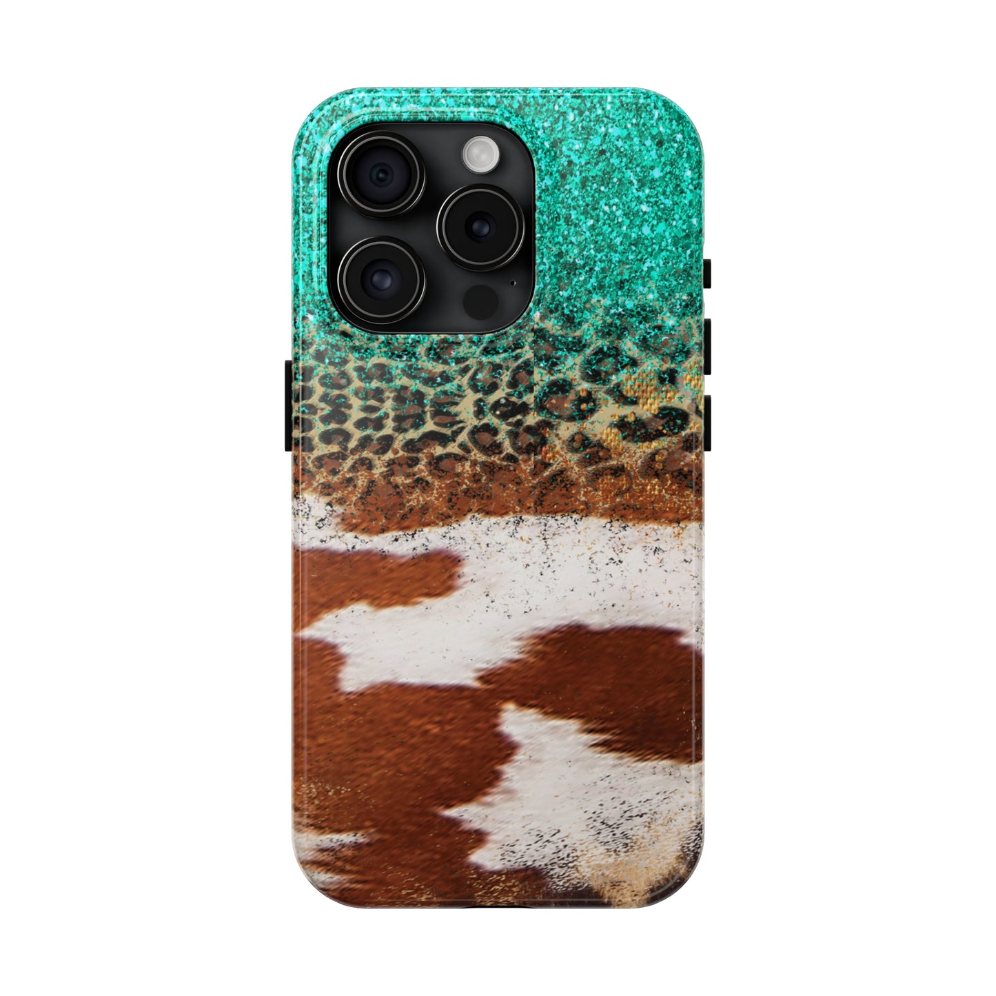 Western Cow Print, Teal, and Leopard print Design Phone Case- Lightweight, Impact Resistant Cover for iPhone 6, 6s, 12, 13, 14, 15