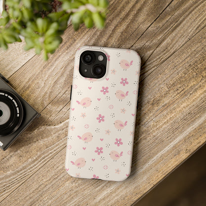 Cute Pink Birds and Flowers print design Tough Phone Case compatible with a large variety of iphone models