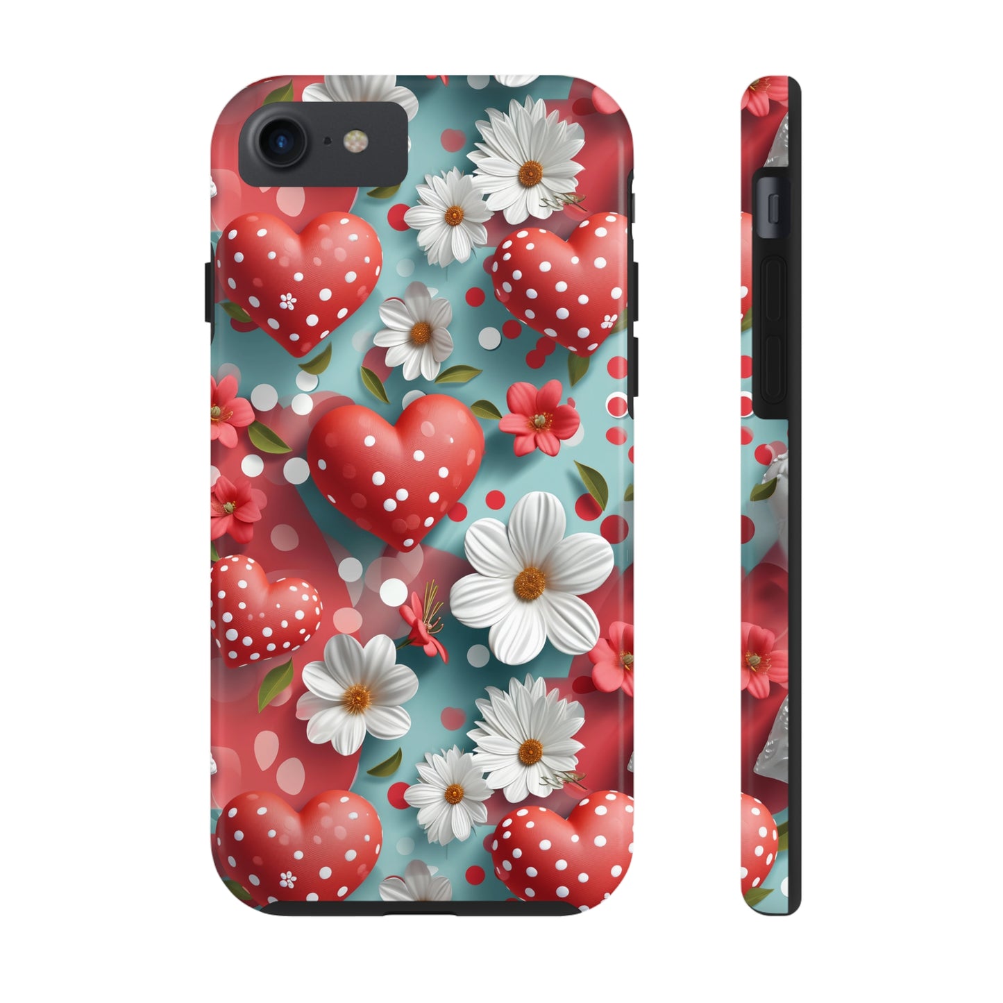 White Flowers Red Polka Dot Hearts Digital print Design Tough Phone Case compatible with a large variety of iPhone models, Gift, Phone Case