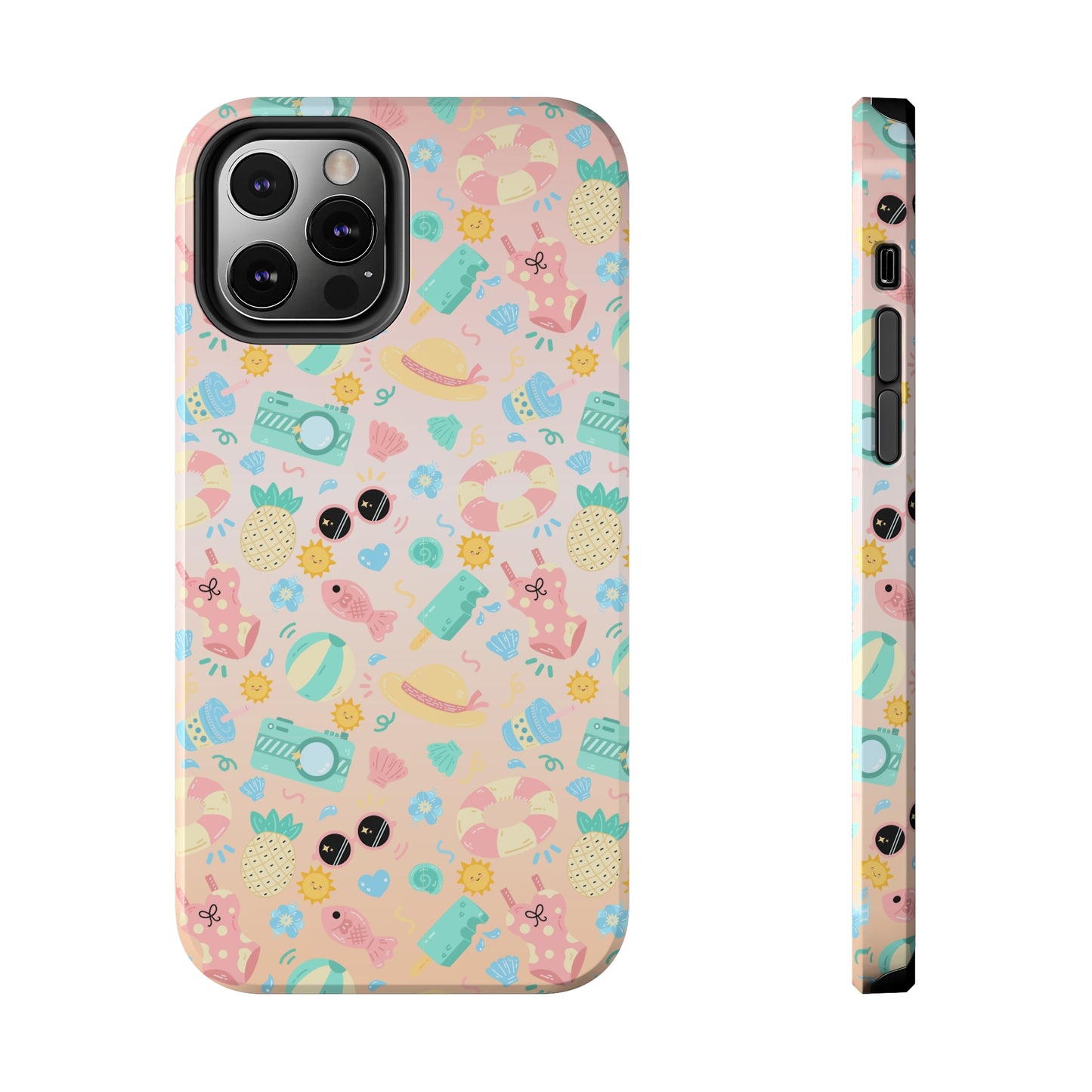 Cute Summer Vibes iPhone Case, Tropical Beach Icons Phone Cover, Pastel Colored Accessory Design, Protective Case for iPhone Models, Tough Phone Case