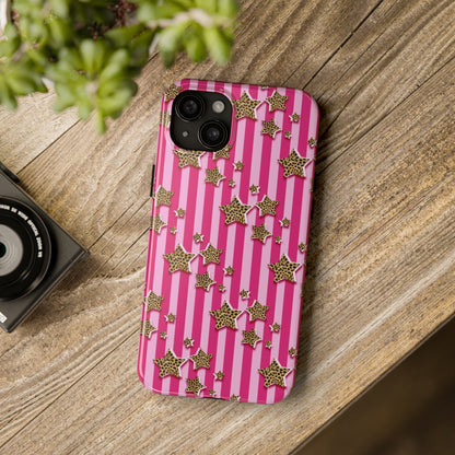 Girly Cheetah Stars and Pink Stripes Design Phone Case- Lightweight, Impact Resistant Cover for iPhone 6, 6s, 12, 13, 14, 15