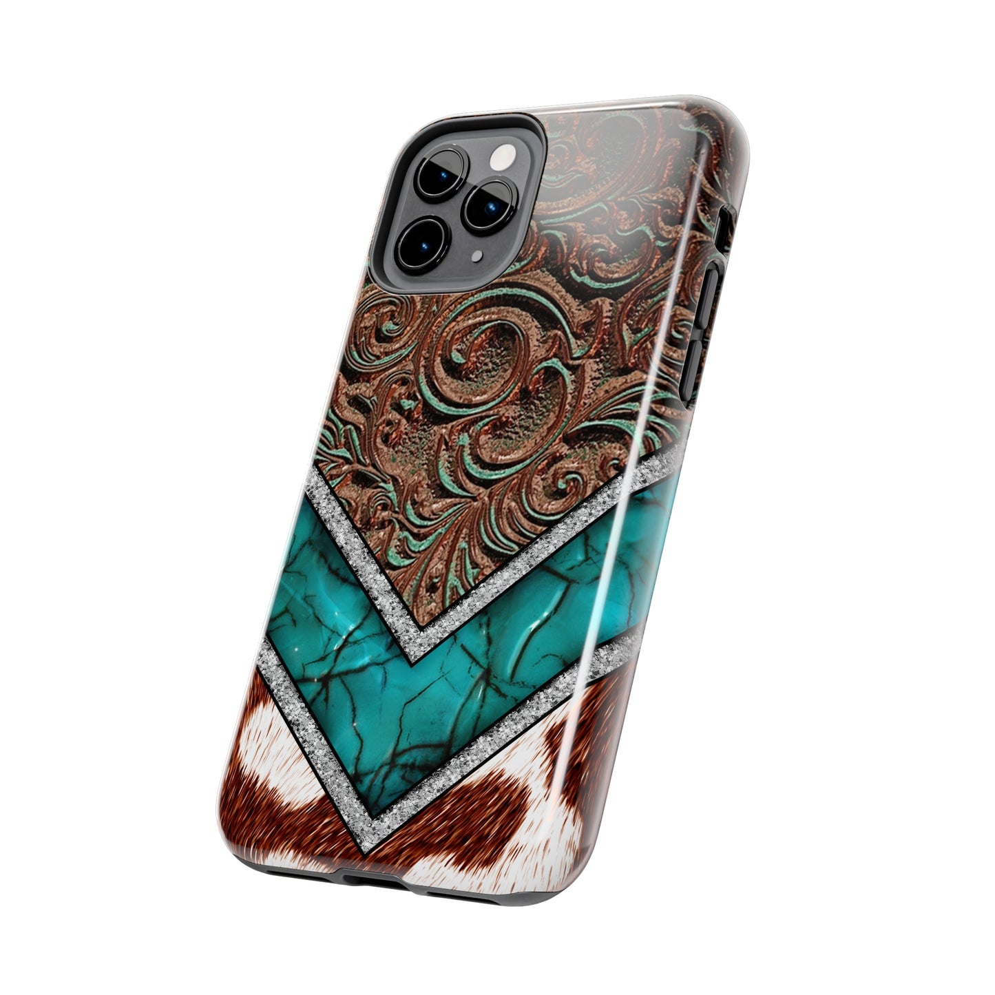 Western Cow Print, Faux Turquoise and Leather Digital print design Phone Case- Lightweight, Impact Resistant Cover for iPhone 6, 6s, 12, 13, 14, 15