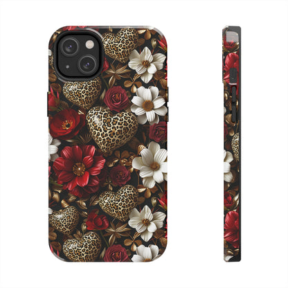 Red Gold Flowers Leopard Hearts Digital print Design Tough Phone Case compatible with a large variety of iPhone models, Gift, Phone Case