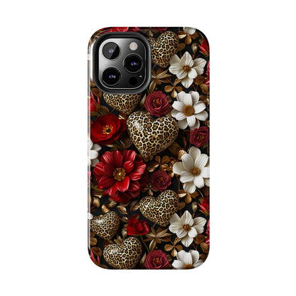 Red Gold Flowers Leopard Hearts Digital print Design Tough Phone Case compatible with a large variety of iPhone models, Gift, Phone Case