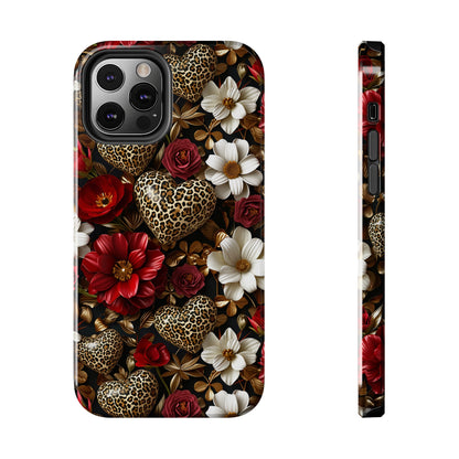 Red Gold Flowers Leopard Hearts Digital print Design Tough Phone Case compatible with a large variety of iPhone models, Gift, Phone Case