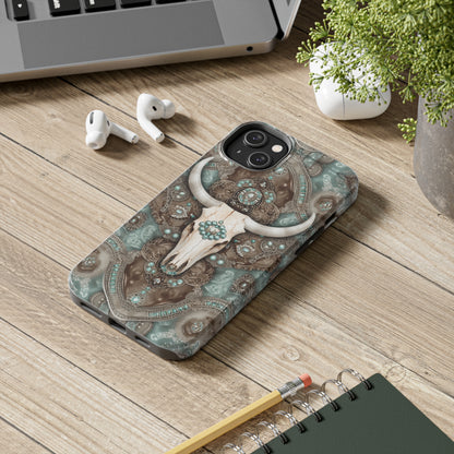 Western Cow Skull and Turquoise print design Phone Case- Lightweight, Impact Resistant Cover for iPhone 6, 6s, 12, 13, 14, 15