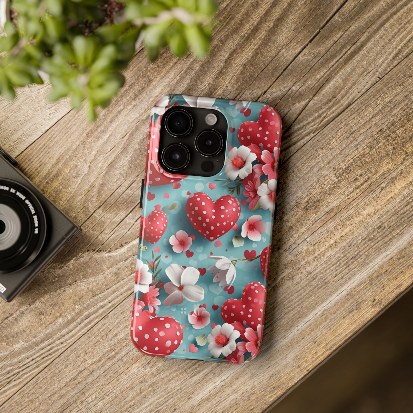 Pink White Flowers Red Hearts Digital print Design Tough Phone Case compatible with a large variety of iPhone models, Gift, Phone Case