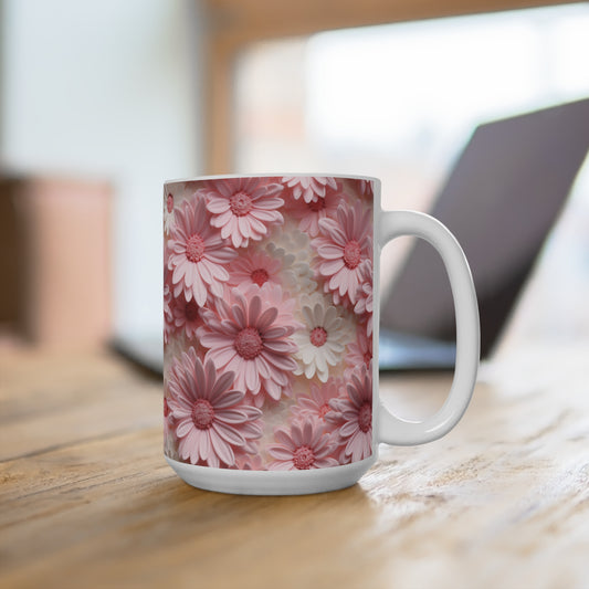 Floral Mug, Pink Daisy Print, Mother's Day Gift, Flowers Coffee Cup, Spring Bloom Kitchenware, Birthday Present, Cute Mug for Her, Unique Gift Idea, Mug 15oz
