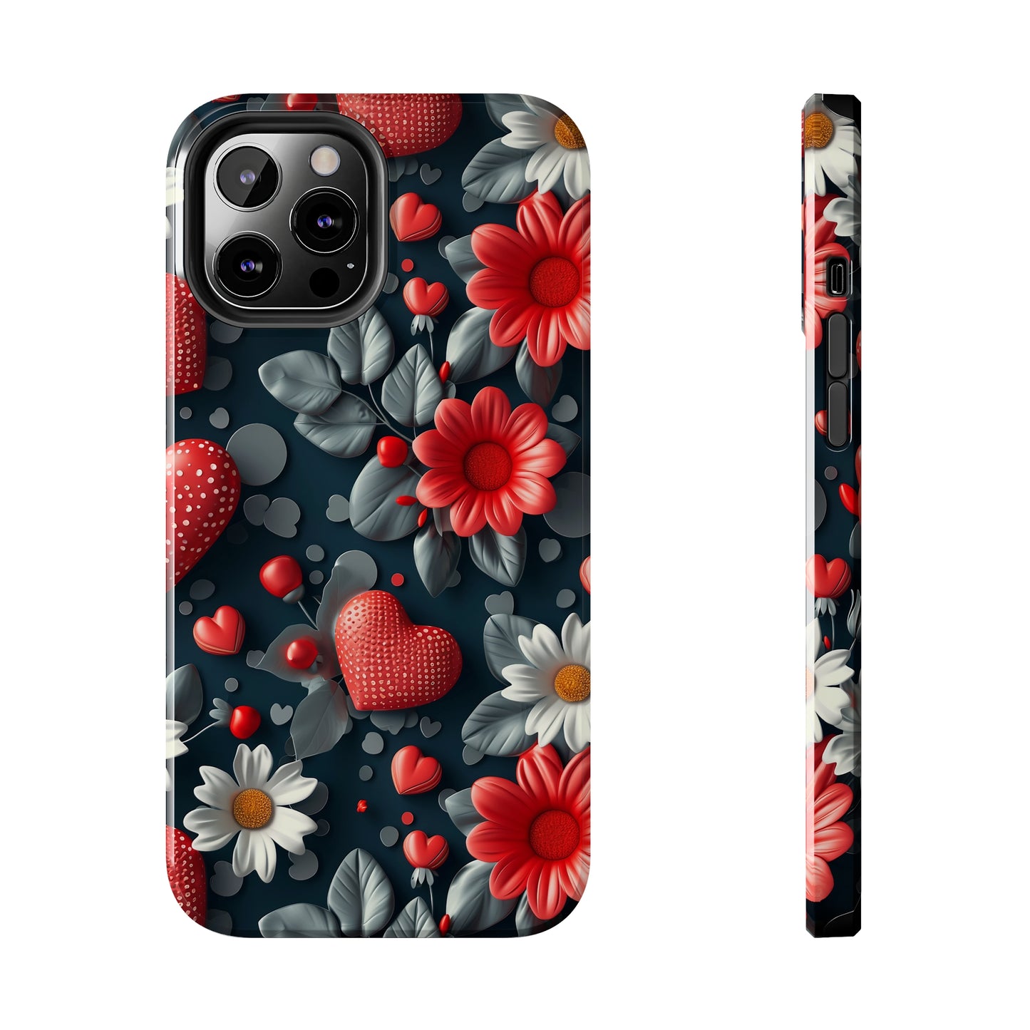 3D Flowers and Red Hearts Digital print Design Tough Phone Case compatible with a large variety of iPhone models, Gift, Phone Case