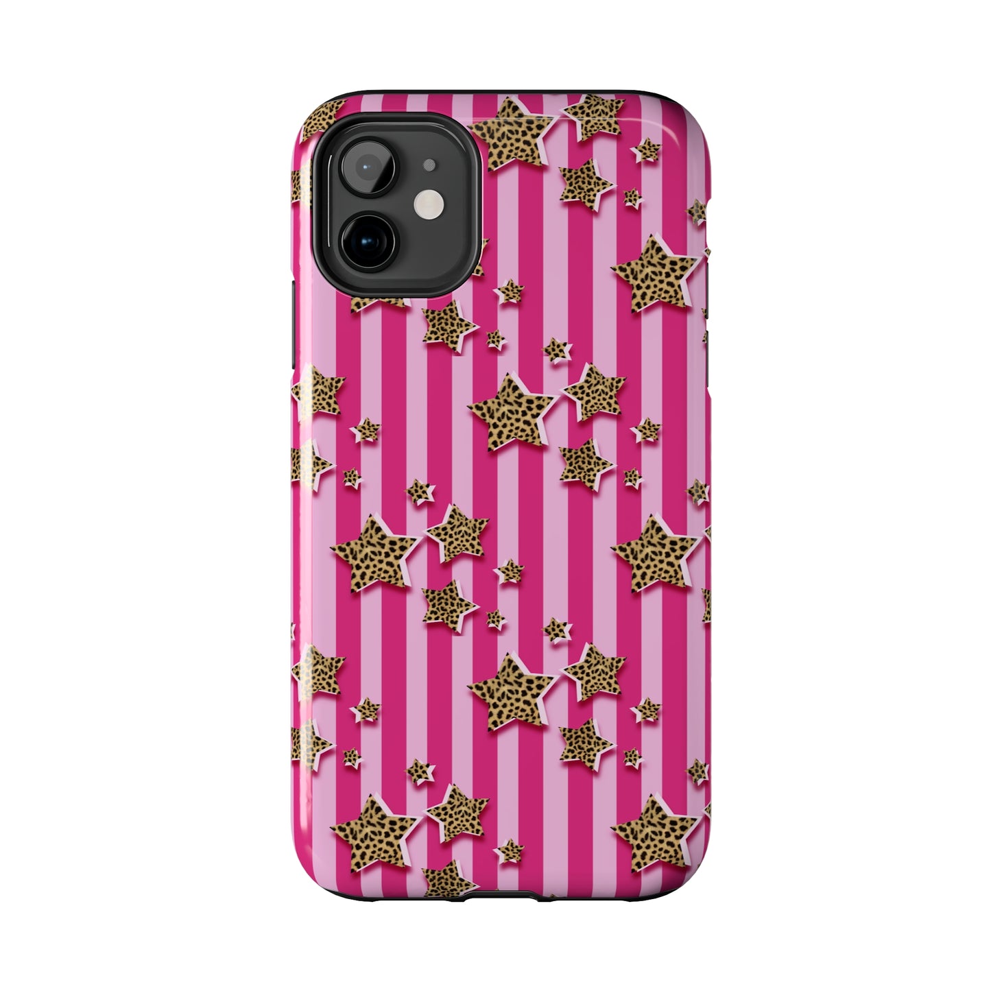 Girly Cheetah Stars and Pink Stripes Design Phone Case- Lightweight, Impact Resistant Cover for iPhone 6, 6s, 12, 13, 14, 15