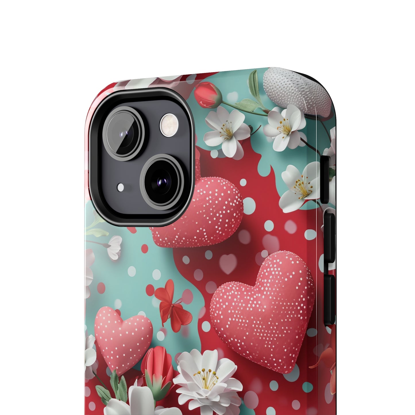 Polka Dot Hearts and Flowers Digital print Design Tough Phone Case compatible with a large variety of iPhone models, Gift, Phone Case