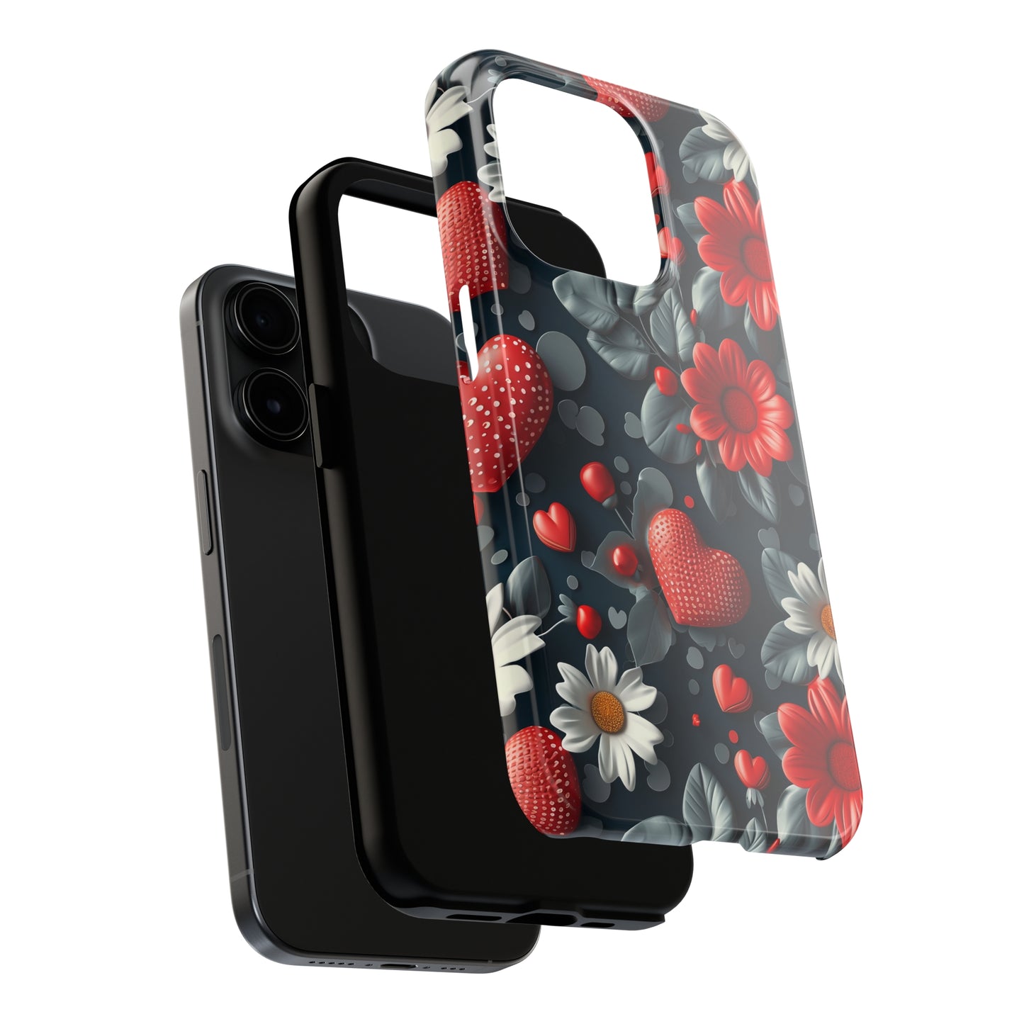 3D Flowers and Red Hearts Digital print Design Tough Phone Case compatible with a large variety of iPhone models, Gift, Phone Case