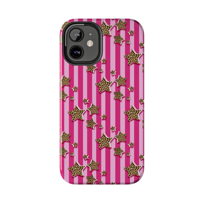 Girly Cheetah Stars and Pink Stripes Design Phone Case- Lightweight, Impact Resistant Cover for iPhone 6, 6s, 12, 13, 14, 15