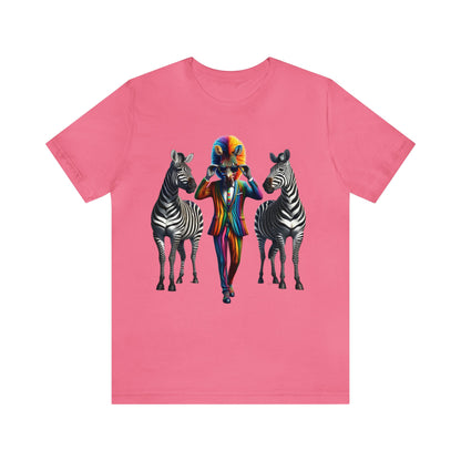 Unique Zebra Multicolored Stripe T-Shirt with Colorful Mane Design, Unisex Fashion Tee, Artistic Animal Print Shirt, Vibrant Clothing