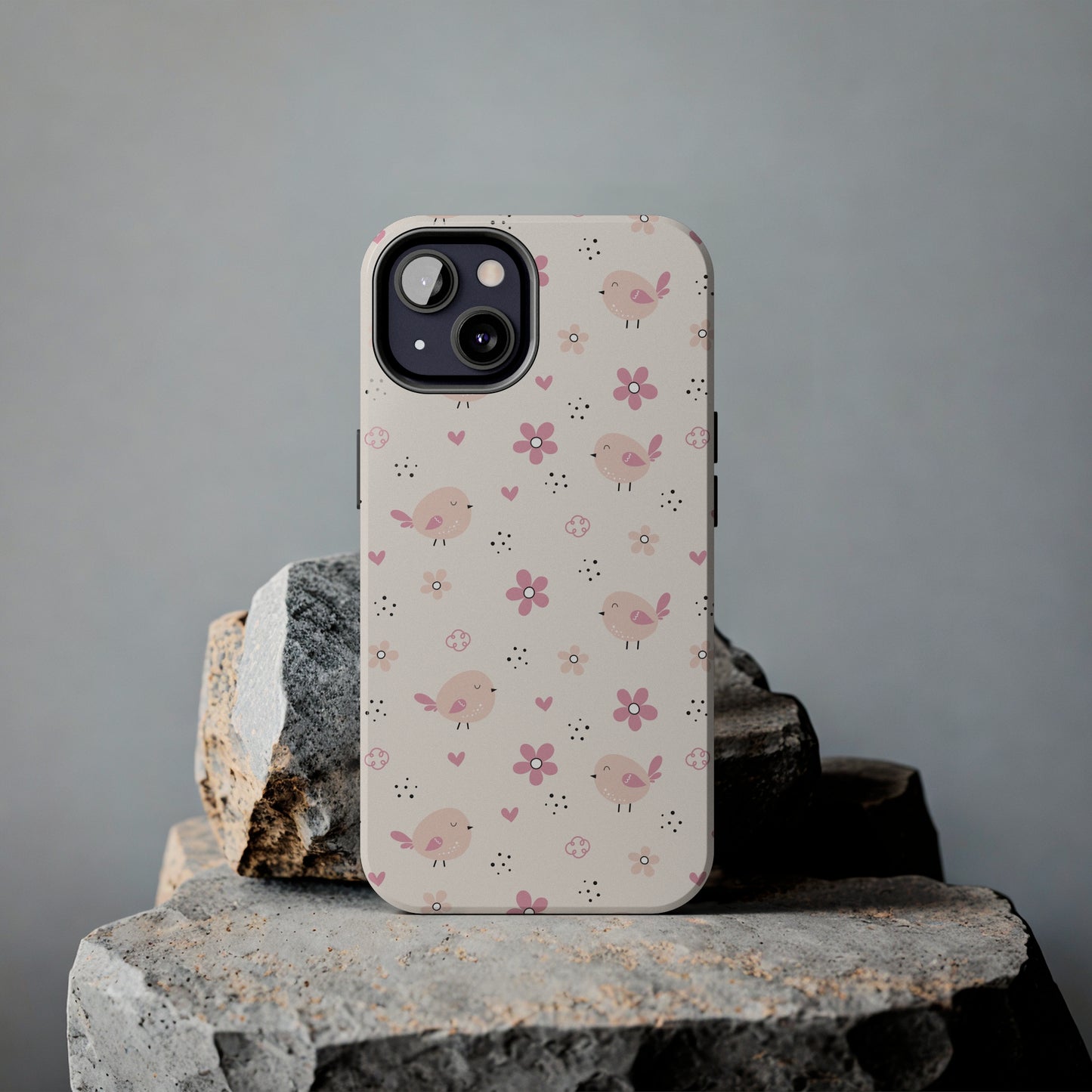 Cute Pink Birds and Flowers print design Tough Phone Case compatible with a large variety of iphone models