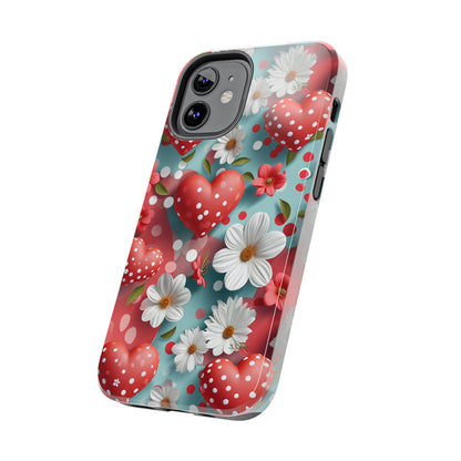 White Flowers Red Polka Dot Hearts Digital print Design Tough Phone Case compatible with a large variety of iPhone models, Gift, Phone Case